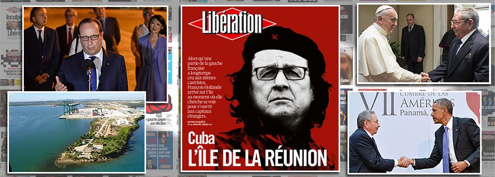 Enquanto o 'vai pra Cuba' se transformou num mote pejorativo da direita brasileira, países ocidentais se aproximam da ilha para tentar estreitar laços econômicos com o governo de Raúl Castro; visita de François Hollande, a primeira em 55 anos de um chefe de estado francês, é considerada histórica pela imprensa francesa; ontem, Raúl Castro agradeceu ao papa Francisco seu apoio na reaproximação com os Estados Unidos, de Barack Obama; perspectiva de abertura econômica demonstra acerto da estratégia brasileira incentivada pelo ex-presidente Lula de fazer investimentos em Cuba, como no porto de Mariel