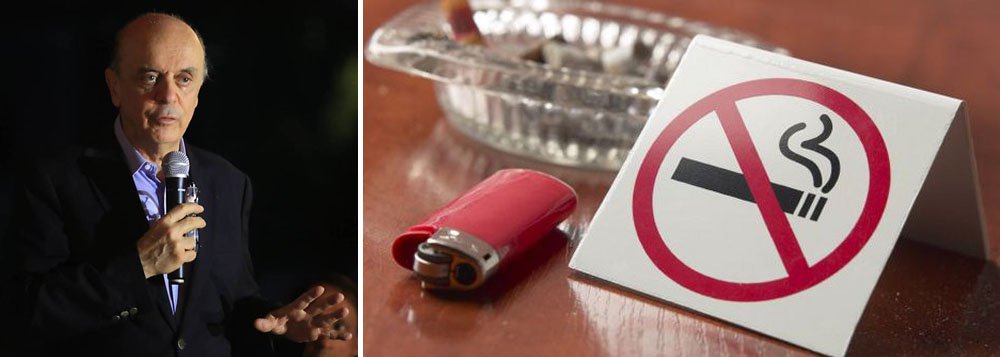 Ao comentar a lei antitabagista sancionada pela presidente Dilma recentemente, que proíbe a publicidade de cigarros e fumar em locais fechados, tucano diz que ela "foi feita há 14 anos, no governo FHC", e "há muito está em curso no Brasil"; José Serra ressalta que, por isso, "quando o petismo se limita a repetir experiências bem-sucedidas, deve ser aplaudido"