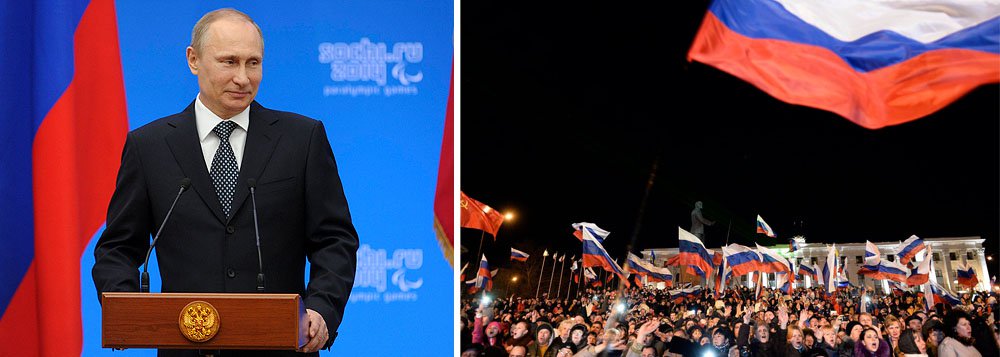 "Não acreditem naqueles que tentam assustar vocês com a Rússia e que gritam que outras regiões virão depois da Crimeia", disse o presidente russo nesta terça-feira; ele assinou decreto "para aprovar o projeto de tratado entre a Federação Russa e a República da Crimeia sobre a adoção da República da Crimeia pela Federação Russa"