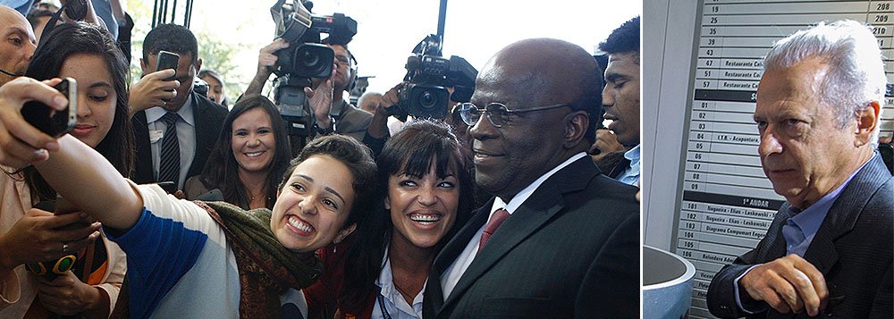 'Enquanto se vê um Joaquim Barbosa reluzente, com ares de estrela de Hollywood, se despedindo do STF com selfies, José Dirceu é fotografado claramente abatido a caminho do seu emprego', constata Paulo Nogueira, do Diário do Centro do Mundo; 'Em sete meses de prisão por um capricho de JB, o magistrado fazia coisas como dar um giro pela Europa e ver num camarote a abertura da Copa do Mundo, e Dirceu desfrutava o que a mídia chamava de "regalias" da Papuda'