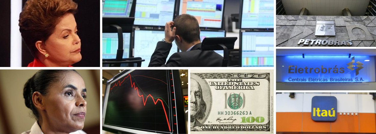Reta final da eleição é inaugurada com o pior pregão da Bovespa em três anos; depressão inversamente proporcional às chances de presidente Dilma Rousseff liquidar eleição em primeiro turno; Petrobras cai 11%, Eletrobras perde 7% e até o Itaú, que faz parte do índice Marina Silva, também recua sete pontos; dólar sobe para R$ 2,47, máxima desde 2008; para se fortalecer, Dilma prometeu mudar política econômica, mas mercado prefere operar no caos e apostar na caixa preta de Marina; irracionalidade progressiva