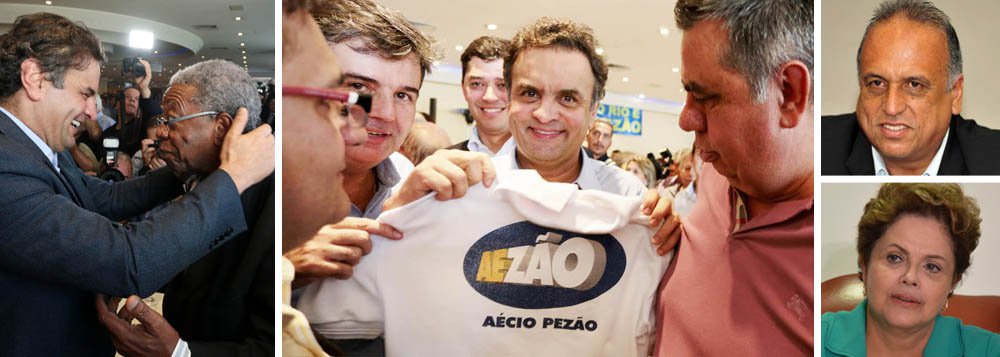 PMDB do Rio de Janeiro abre dissidência da direção nacional do partido; presidente regional Jorge Picciani recebe presidenciável Aécio Neves em clima de comício em recinto fechado; vai trabalhar reeleição do governador fluminense pedindo votos para tucano na disputa presidencial; mas Pezão mesmo diz estar com presidente Dilma Rousseff, que o prestigia em todas as horas; jogada do chefe do PMDB do Rio pode isolar seção da agremiação ou incentivar novas deserções; líder Eduardo Cunha acompanha movimento dissidente; ator global Milton Gonçalves esteve presente; reinações de uma corrida longa e difícil