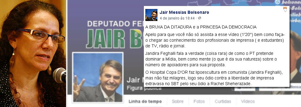 Em publicação no Facebook, deputado Jair Bolsonaro ofende a parlamentar Jandira Feghalli, que defende punição ao SBT por declarações de Rachel Sheherazade; ele diz que a lipoescultura não fez milagre na integrante do PCdoB e ilustra vídeo sobre assunto com uma bruxa 