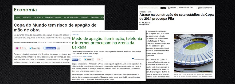 Site "Muda Mais" questiona reportagens da grande mídia que previam problemas diversos durante a realização da Copa do Mundo; "a Copa está rolando, as pessoas estão felizes, os turistas estão se divertindo e os jogadores e jornalistas estrangeiros estão se encantando. Os estádios ficaram prontos, o caos aéreo não rolou, nem mesmo todos os apagões previstos: de energia elétrica, de mão de obra, telefonia e internet. Sim, se você não se lembra, tudo isso foi previsto pela mídia tradicional no Brasil nos meses que antecederam a Copa do Mundo", diz o texto