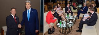 "O secretário Kerry e o chanceler cubano (Bruno) Rodríguez tiveram uma discussão longa e muito construtiva esta noite. Os dois concordaram que fizeram progressos e que vamos continuar a trabalhar para resolver as questões pendentes", disse um alto funcionário do Departamento de Estado dos EUA; os dois países procuram deixar para trás décadas de animosidade e restaurar relações diplomáticas plenas