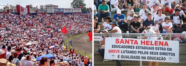 Os professores da rede pública de ensino do Paraná decidiram suspender a greve que já durava quase um mês; mas, durante assembleia em um estádio de Curitiba, a categoria deixou claro que permanece em estado de greve; a retomada das atividades ocorre após o governo de Beto Richa (PSDB) ter obtido uma liminar no Tribunal de Justiça (TJ-PR) determinando a volta ao trabalho, sob pena de multa diária de R$ 20 mil em caso de descumprimento; a greve afetou quase 1 milhão de alunos