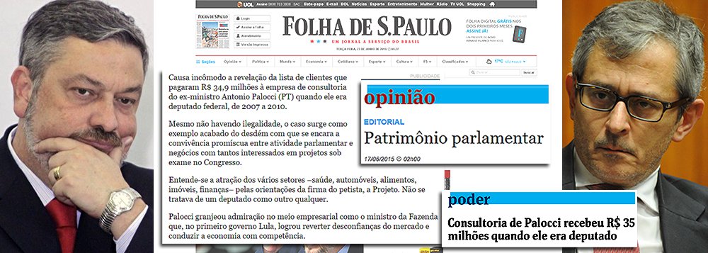 Ex-ministro da Fazenda, Antonio Palocci contesta reportagens do jornal de Otavio Frias, que questionam suas atividades de consultoria no período em foi deputado federal (de 2007 a 2010); “Não existe 'meia legalidade'. Ou estamos diante de uma legalidade ou de uma ilegalidade. A Constituição Federal e a legislação são claras nessa matéria: não é vedada a atividade privada concomitante com a atividade parlamentar”; “Ao ficar apenas no terreno da hipótese, o editorial e as reportagens da Folha incorrem na injustiça de lançar suspeitas infundadas”, diz; na Lava Jato, ele é acusado pelo ex-diretor da Petrobras Paulo Roberto Costa de ter pedido R$ 2 milhões para a campanha de Dilma em 2010, mas o doleiro Alberto Youssef nega