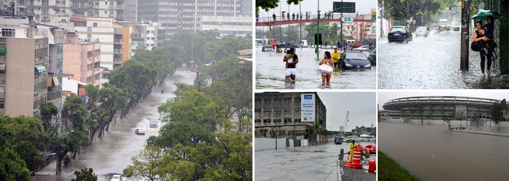 Pelo menos duas pessoas morreram e mais de 2 mil famílias ficaram desabrigadas em consequência do temporal das últimas 24 horas que atingiu o município do Rio e a Baixada Fluminense; Nova Iguaçu e Japeri foram as mais afetadas; a presidente Dilma Rousseff ofereceu ajuda ao estado com reforço de policiais rodoviários federais para conter saques na Rodovia Presidente Dutra; oito retroescavadeiras e 30 caminhões também foram enviados para limpar os leitos dos rios