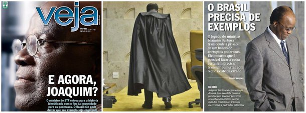 Capa da publicação mostra um Joaquim Barbosa vislumbrando eventual futuro político e pede que seu "exemplo" não seja esquecido; internamente, revista volta a bater na tecla de que o Brasil precisa de "exemplos"; no entanto, ele deixa o Supremo Tribunal Federal depois de ter violado uma jurisprudência consagrada nos tribunais superiores e criado "insegurança jurídica", segundo palavras do próprio procurador-geral da República; Barbosa, de fato, não deve ser esquecido, mas pelos erros e não por supostos acertos