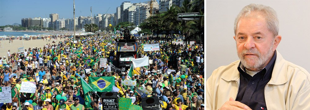 Durante as manifestações desse domingo, 16, um funcionário público foi hostilizado por dezenas de manifestantes na praia de Copacabana, na zona sul do Rio de Janeiro; ele vestia uma camiseta vermelha e gritou "Lula 2018" no meio do ato contra a presidente Dilma Rousseff e precisou de escolta policial para se defender; "Eu tenho direito de falar o que quiser, sou favorável a Dilma e a Lula. Você acha que a elite branca que está aqui vai aceitar isso?", questionou o homem que não foi identificado