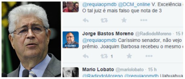 "Continuo acreditando na seriedade do juiz Sergio Moro, mas receber homenagem da Globo nas atuais circunstancias foi ruim", escreveu o senador Roberto Requião no Twitter; "Caríssimo senador, não vejo nada de mal Moro receber prêmio. Joaquim Barbosa recebeu o mesmo e nunca se deslumbrou por isso", comentou o jornalista Jorge Bastos Moreno