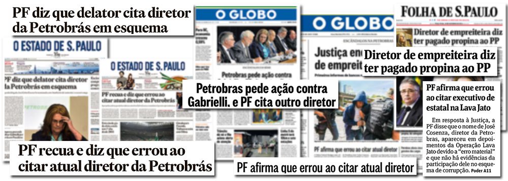 Dos três principais jornais impressos do País, apenas o Estado de S. Paulo também dedicou sua manchete ao noticiar o erro cometido pela Polícia Federal contra José Carlos Cosenza, inserido equivocadamente como um dos réus do inquérito da Operação Lava Jato; Folha e Globo, que também destacaram com estardalhaço a denúncia, na última terça-feira, hoje são bem mais econômicos ao reparar o erro a que foram induzidos pela PF; isso é justo?