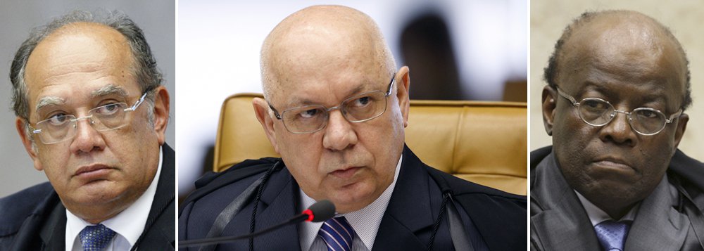 Julgamento dos embargos só não terminou nesta quarta-feira porque Gilmar Mendes decidiu se ausentar enquanto o ministro Luís Roberto Barroso votava pela absolvição; Joaquim Barbosa aproveitou a ausência para, em mais uma manobra, encerrar a sessão antes dos votos de Teori Zavascki e Rosa Weber; com isso, mídia familiar, que pautou o julgamento da Ação Penal 470, tem um dia a mais para pressionar os ministros do STF; suprema corte teve mais um dia de baixaria e que terminou com uma improvável união entre dois ministros que até recentemente eram antípodas: Gilmar e Joaquim; só a política explica