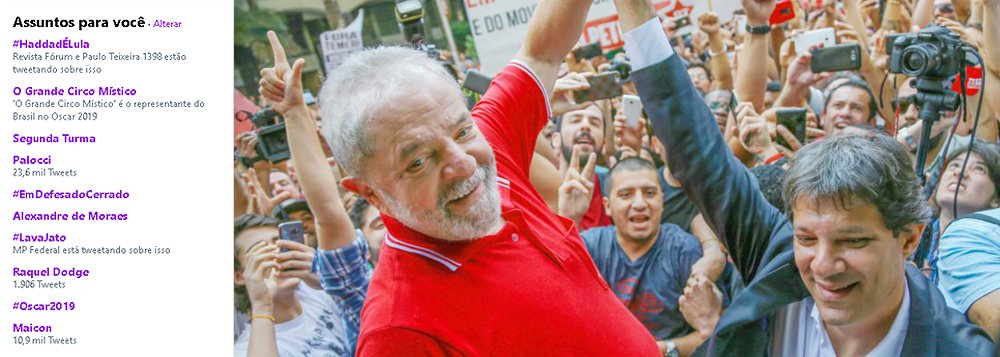 #HaddadÉLula lidera assuntos mais comentados no Twitter mundial
