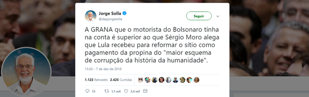 Solla ironiza Moro sobre o maior esquema de corrupção da história da humanidade