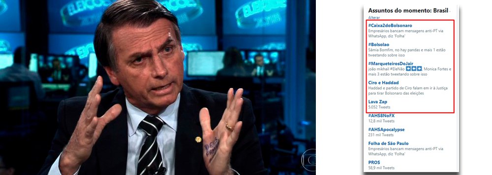 #Caixa2doBolsonaro, #Bolsolão e #Lava Zap viralizam nas redes