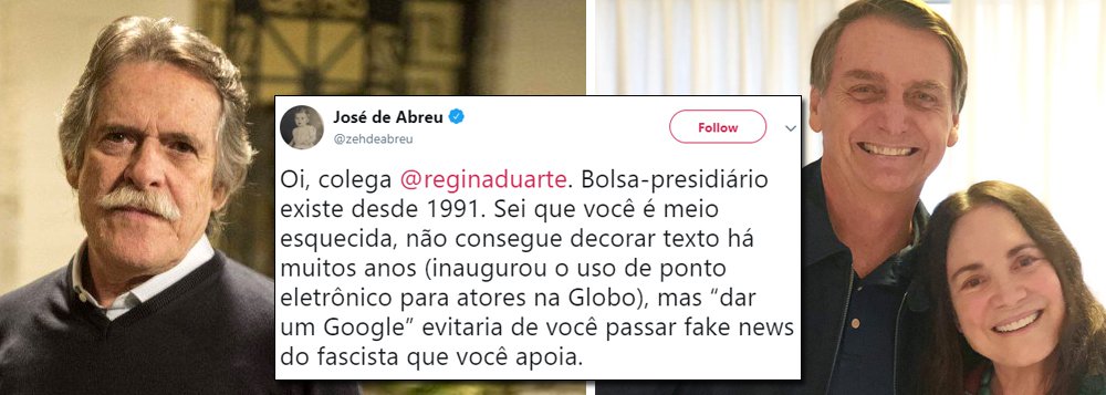 José de Abreu diz que Regina Duarte apoia fascista e compartilha fake news