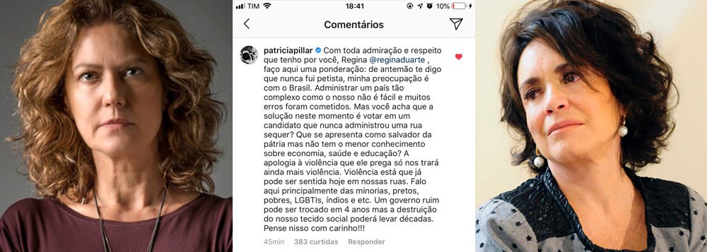 Patrícia Pillar para Regina Duarte: candidato que não administrou uma rua sequer não é solução