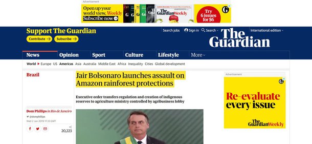 Guardian denuncia ataques de Bolsonaro ao meio ambiente e aos indígenas