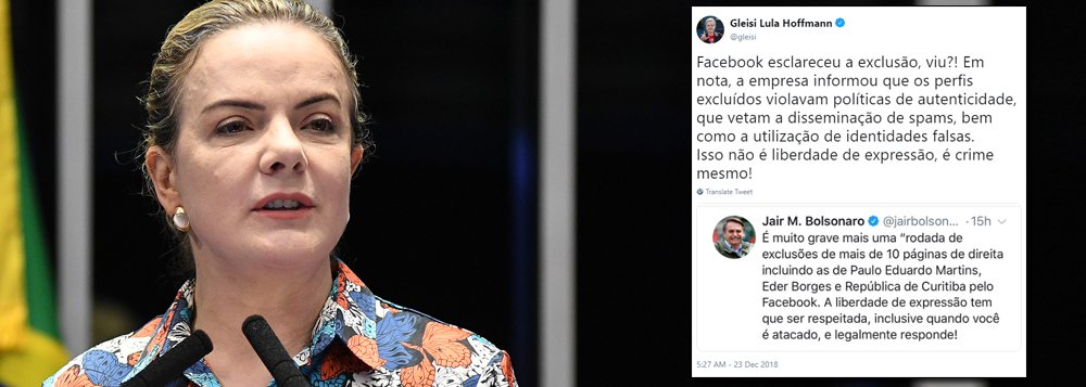 Gleisi rebate Bolsonaro: isso não é liberdade de expressão, é crime mesmo