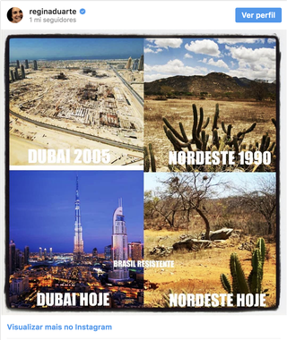 Para Regina Duarte, Bolsonaro vai transformar o Nordeste brasileiro em Dubai