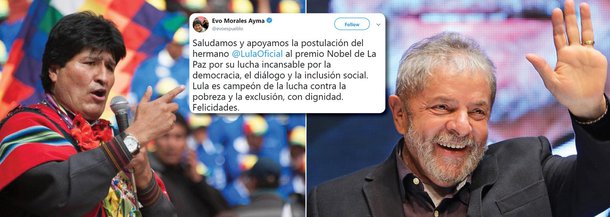 No Twitter, Morales comemora indicação de Lula ao Nobel da Paz