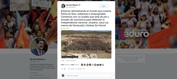 Maduro apela ao 'império': somos soberanos, tire suas mãos da Venezuela