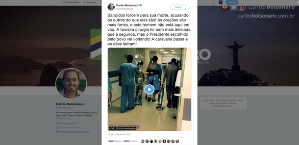 Carlos Bolsonaro divulga novo vídeo do pai e diz que bandidos torcem para sua morte