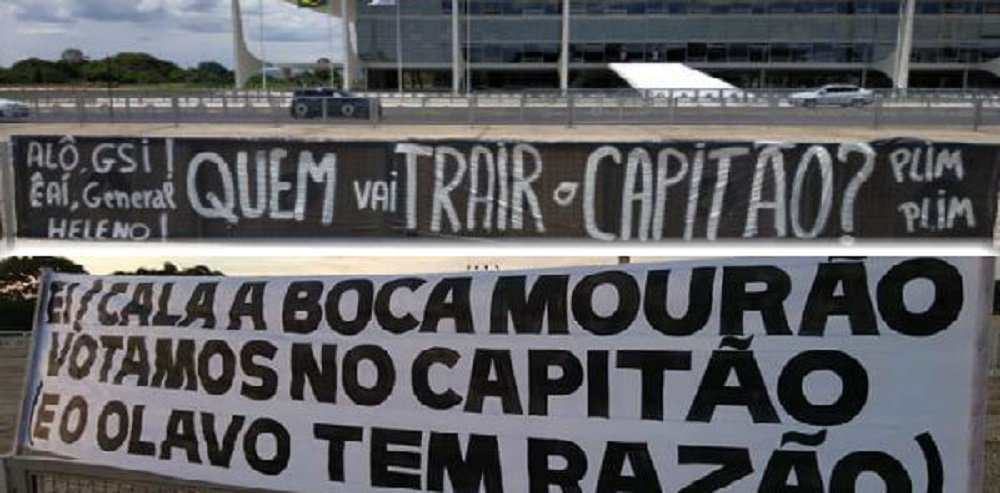'Minions' penduram faixas contra Mourão e Heleno em frente ao Palácio