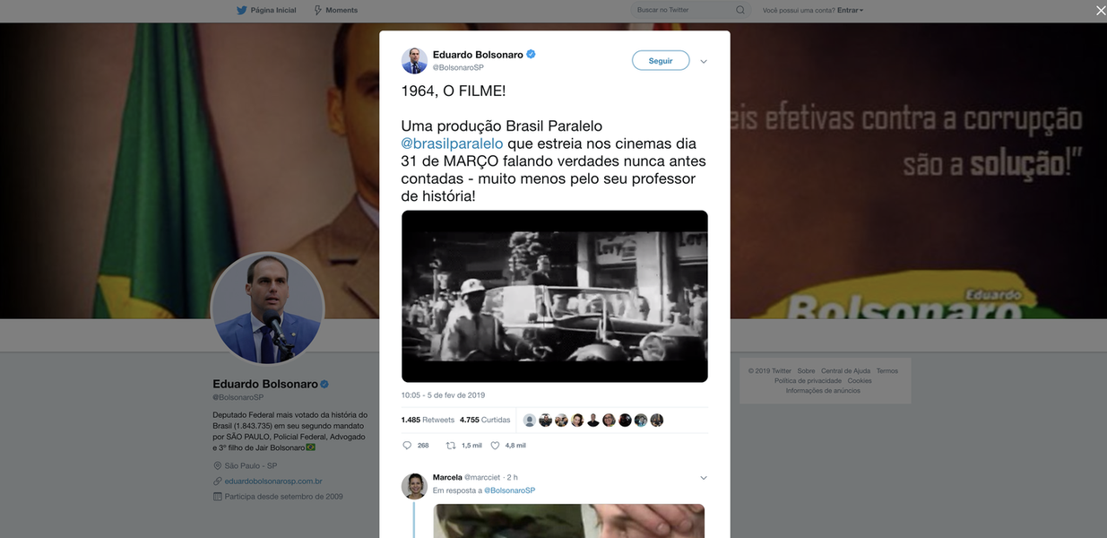 Eduardo Bolsonaro divulga filme que exalta golpe de 64