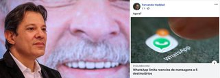 Haddad ironiza decisão do WhatsApp que limita destinatários: agora?