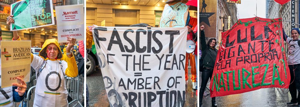 Manifestantes protestam em Nova York contra homenagem a Bolsonaro
