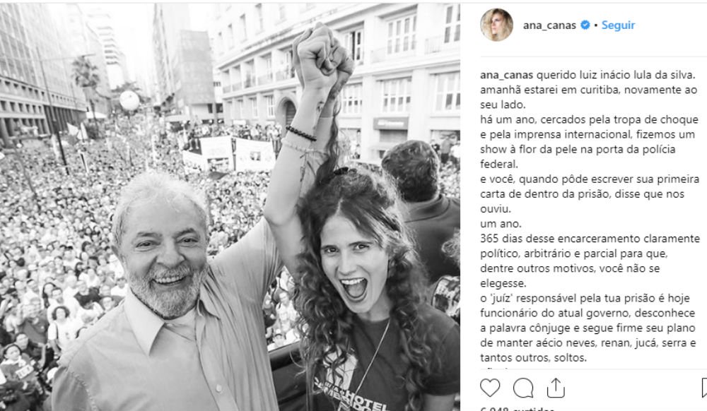 Ana Cañas: 'Lula, neste 7 de abril estaremos ao seu lado, segurando a sua mão, suas idéias e sua coragem'