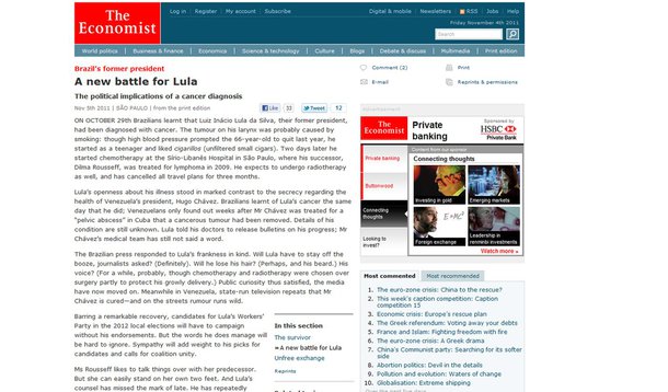 Câncer dará mais peso a candidatos de Lula, diz Economist