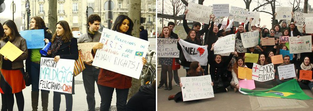 Brasileiros protestam em Paris contra Feliciano