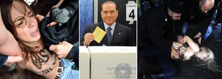 Enquanto Berlusconi vota, elas mostram os seios