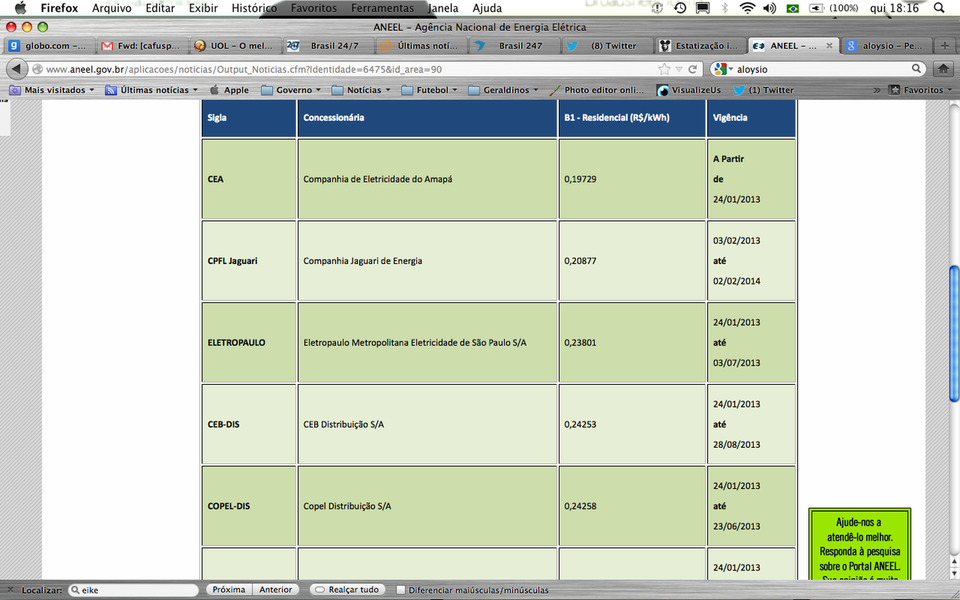 Aneel divulga tarifa de energia com desconto