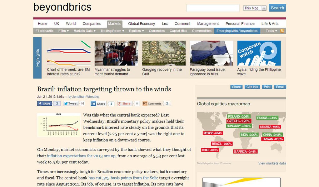 FT: Brasil "jogou a meta de inflação pela janela"