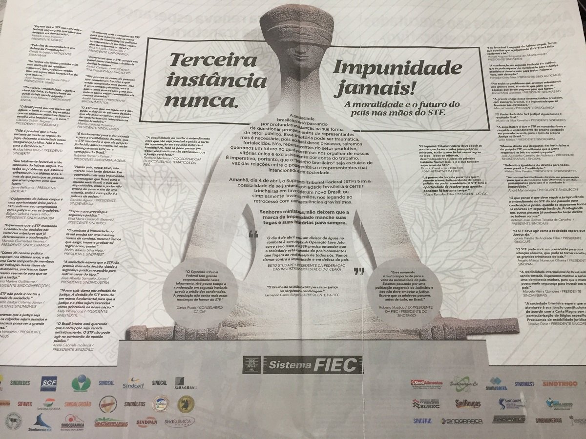 FIEC patrocina campanha nos jornais pressionando STF contra Lula