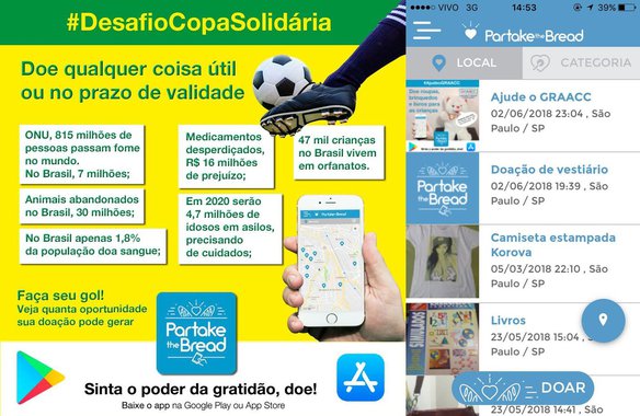 App Partake The Bread, de doações, faz parceria com GRAAC e ação por Copa Solidária