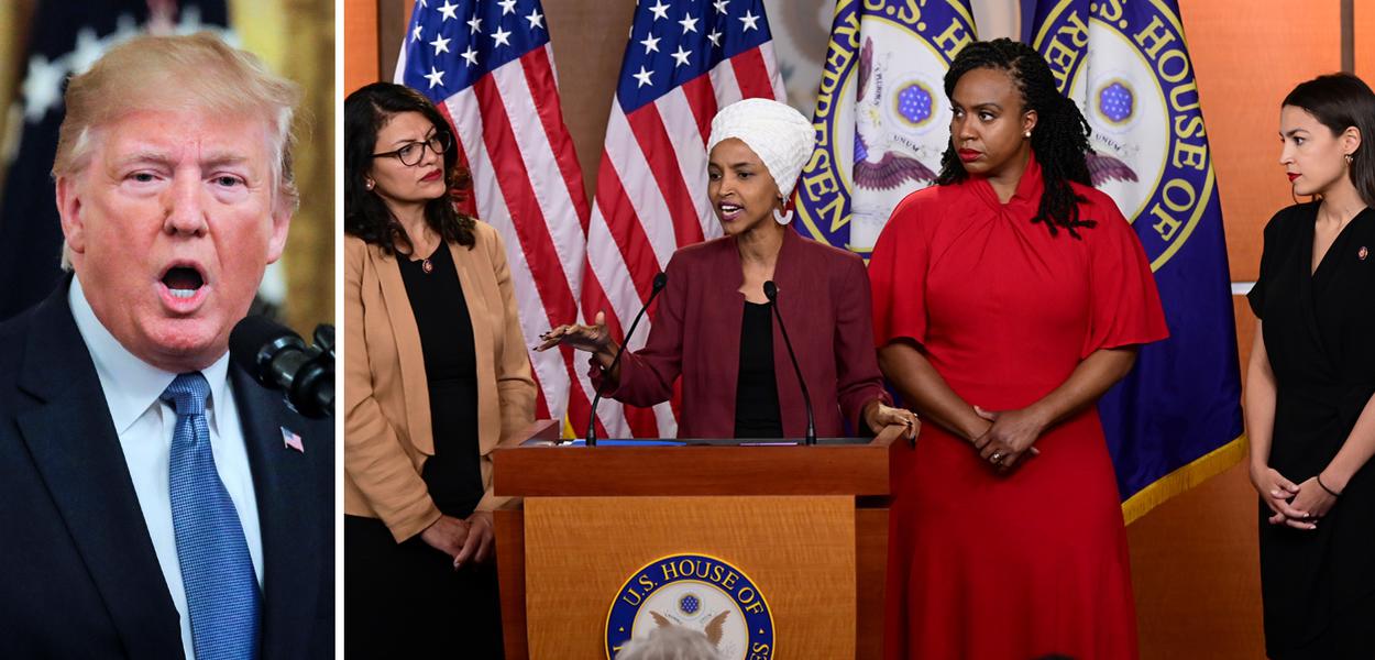 Presidente dos EUA, Donald Trump e deputadas Rashida Tlaib, Ilhan Omar, Ayanna Pressley e Alexandria Ocasio-Cortez