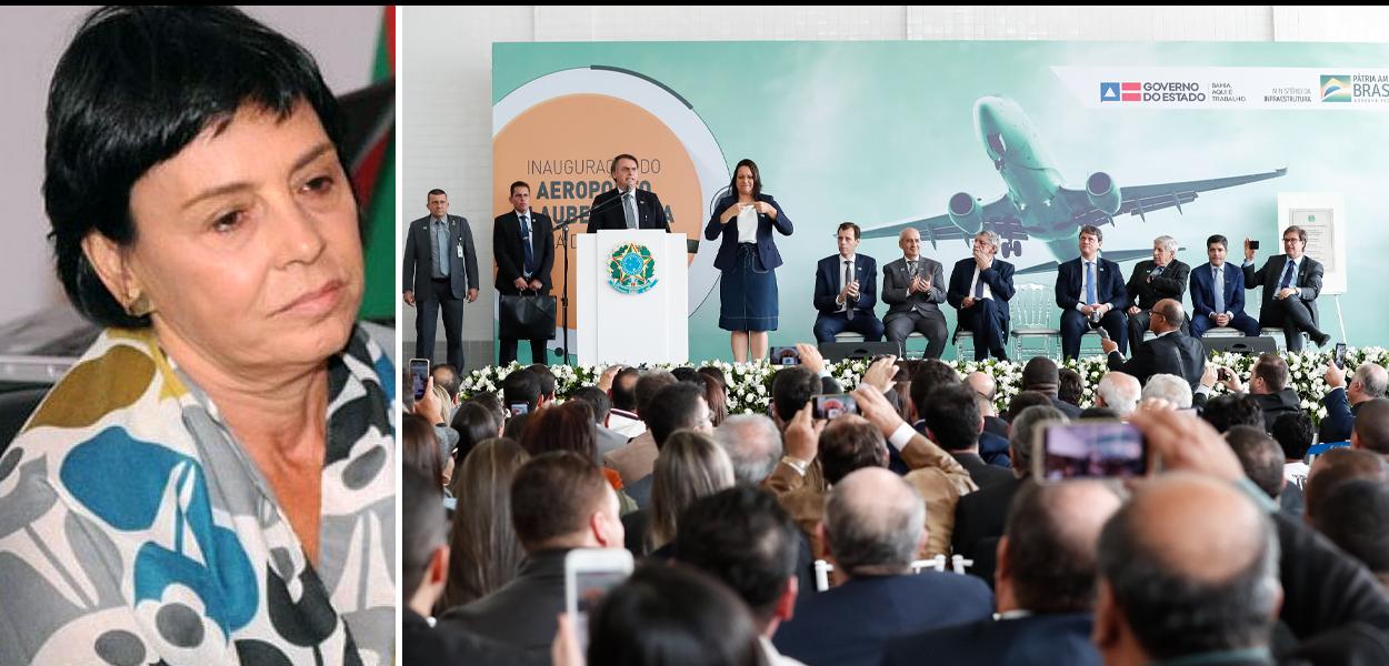 Cineasta Paloma Rocha, filha de Glauber Rocha, e Jair Bolsonaro inaugurando aeroporto em Vitória da Conquista, na Bahia.