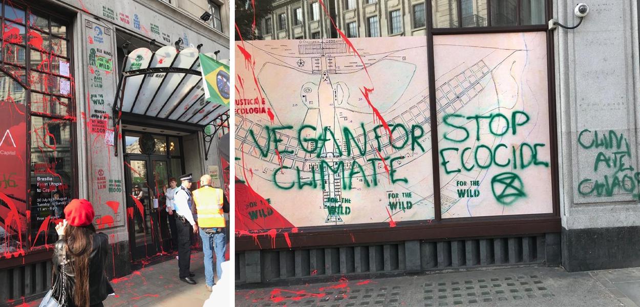 Embaixada do Brasil em Londres é alvo de protesto diante de políticas ambientais de Bolsonaro.