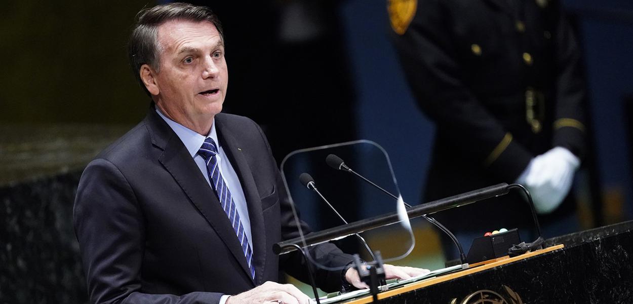 O presidente Jair Bolsonaro durante discurso na 74ª Assembleia Geral das Nações Unidas (ONU)