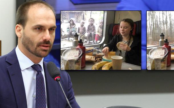 Eduardo Bolsonaro; foto de Greta manipulada e foto original.