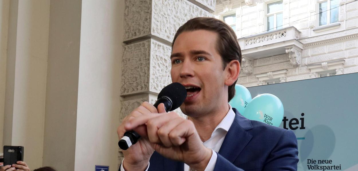 Former Austrian chancellor Sebastian Kurz from the Austrian People's Party, OEVP, speaks at a closing rally ahead of elections in Vienna, Austria, on Thursday. The Austrian elections are on Sunday.