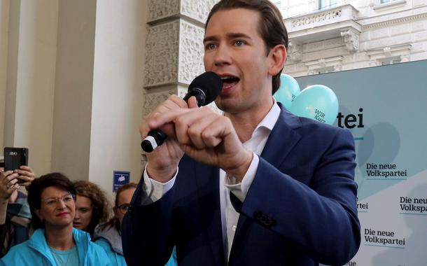 Former Austrian chancellor Sebastian Kurz from the Austrian People's Party, OEVP, speaks at a closing rally ahead of elections in Vienna, Austria, on Thursday. The Austrian elections are on Sunday.