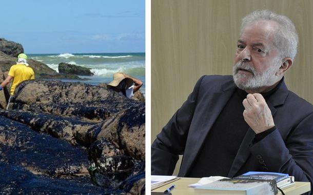 Voluntários limpando óleo das praias e Lula