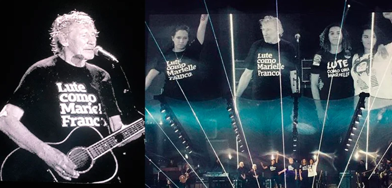 Cantor Roger Waters vestindo camiseta em homenagem a Marielle Franco