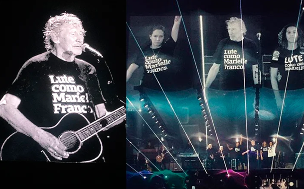 Cantor Roger Waters vestindo camiseta em homenagem a Marielle Franco
